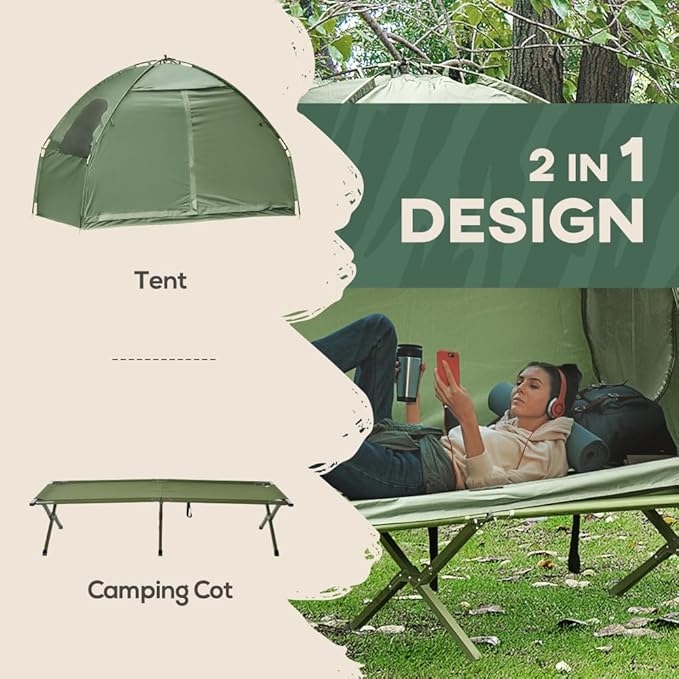 Single Person Elevated Camping Tent Cot Combo: Off-Ground Folding Cot with Attached Weather-Resistant Shelter &amp Carry Bag for Backpacking Hiking and Outdoor Adventures