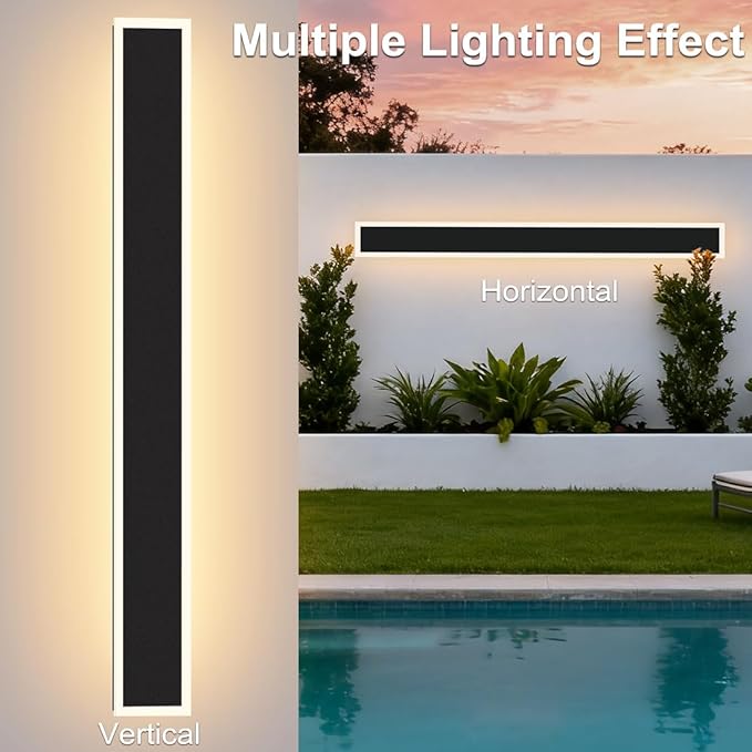 2-Pack 48inch Modern Outdoor LED Long Wall Light Fixture Exterior Wall Sconce Long Strip Wall Lamps IP65 Waterproof 36W 3200LM Black 3000K/4000K/5000K Adjustable Dimmable ETL