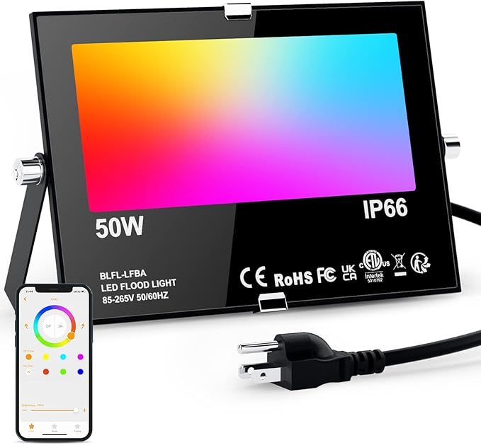 LED RGB Flood Light Outdoor 500W Equivalent Smart Color Change &amp Daylight 5700K Landscape Lighting IP66 Waterproof Patio Lights via App Control Indoor Ambient Lighting Uplighting for Yard Path