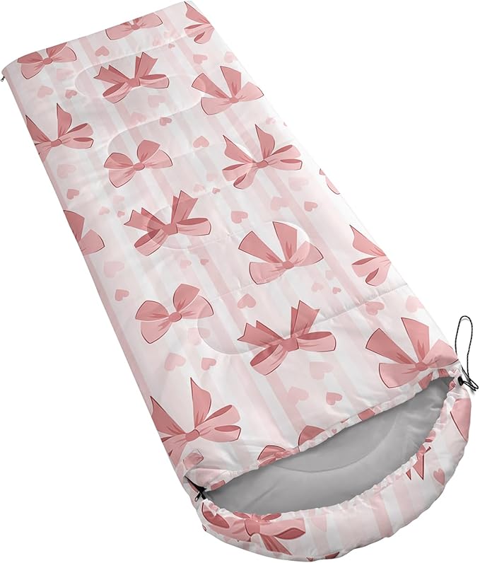 Pink Bow Sleeping BagGirly Princess Bowknot Camping Bag for Girls KidsPink and White Striped Lightweight Warm Portable Outdoor Indoor-Waterproof Cold Weather Resistant for Camping Hiking