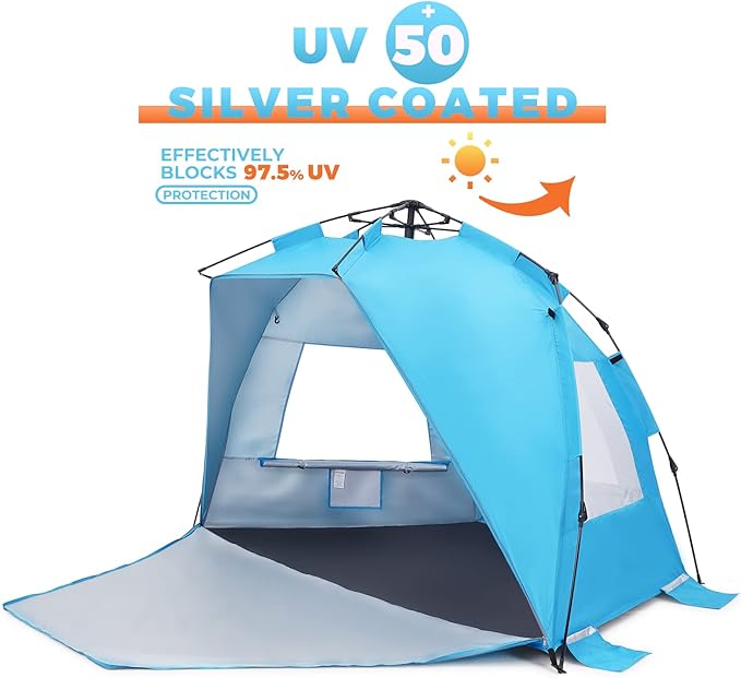 Pop Up Beach Tent Portable Beach Folding Sun Shade Shelter UPF 50+ Protection Easy Setup and Carry Double Silver Coating with 3 Ventilation Window Large Size Perfect for Family 4 People