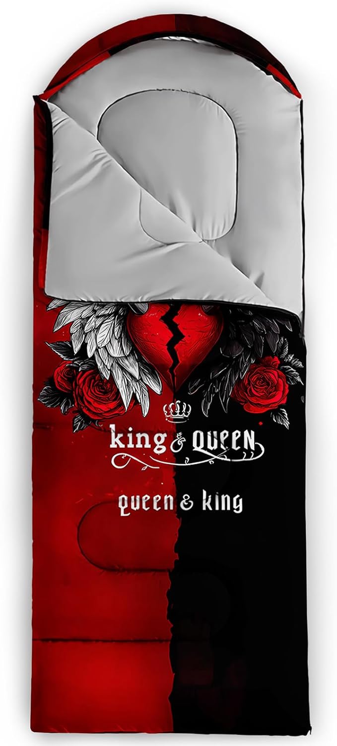 AILONEN 3D Printed Sleeping Bag 90x31 Weatherproof Lightweight Sleeping Bag with Portable Bag King Queen Red Black Heart Crown Theme for Camping Hiking Outdoor Adventures