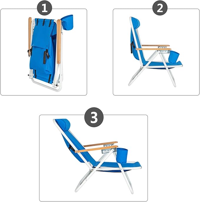 Folding Backpack Beach Chair 4 Position Portable Camping Chair with Headrest Cup Holder and Wooden Armrests (Blue 1 Pack)