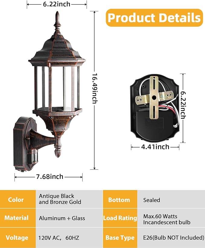 Redluck Motion Sensor Outdoor Lights 2 Pack 16 inch Dusk to Dawn Outside Porch Lights Waterproof Anti-Rust Aluminum Outdoor Wall Lights for House Garage Front Door Antique Black and Bronze Gold