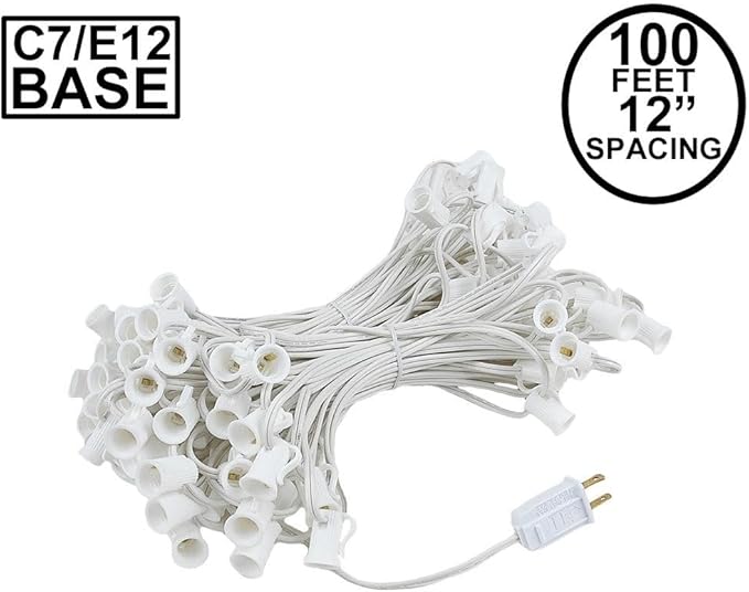 Novelty Lights 100 Foot C7 Outdoor String Light Christmas Stringer - Patio String Lights - Candelabra Base (C7/E12) - 12 Spacing - White Wire