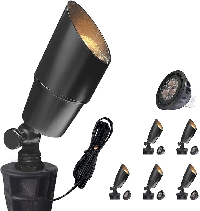 COLOER Brass Low Voltage Landscape Spotlight(Black) 6-Pack with 5W Aluminum Housing MR16 LED Bulb 2700K 450LM CRI85+12V AC/DC Outdoor Uplighting Directional Garden Patio Spot Up Light(101B-Black)