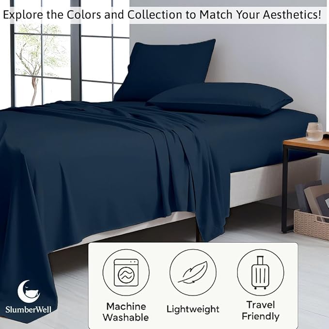 SlumberWell 4 Piece Luxury Soft Microfiber Fitted Bed Sheet Set for Campers 8 to 12 Inch Deep Pocket RV Short Queen 60 x 75 Navy Blue
