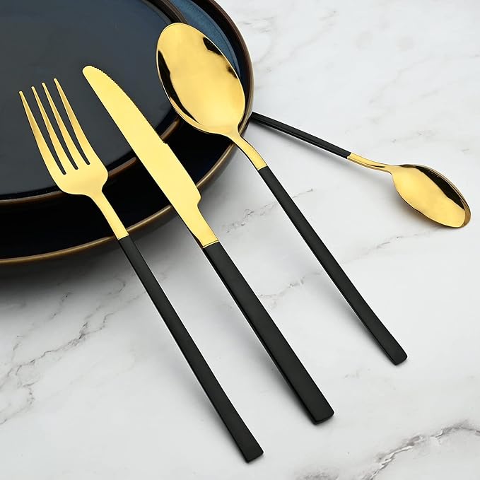 24 Piece Mirror Golden Plated 18/0 Stainless Steel Flatware Set Black Handle With Golden Mouth Silverware Set With Teaspoon Cutlery Set Service for 6