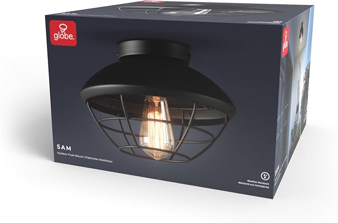 Globe Electric 60000120 1-Light Outdoor Flush Mount Ceiling Light Matte Black Finish Metal Cage Shade Weather Resistant Industrial Outdoor Ceiling Light E26 Base