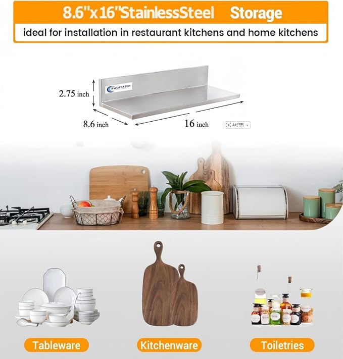 Stainless Steel Wall Shelf with Upgraded Drywall Anchors 8.6x16 50LB 2 Packs L-Shaped Commercial Wall Mount Floating Shelving for Kitchen Restaurant Home