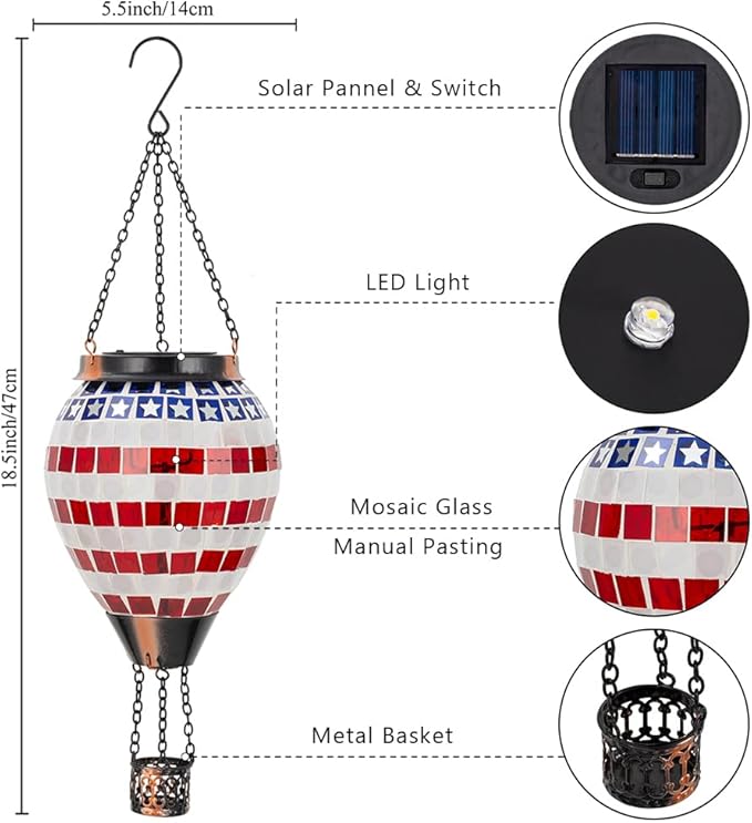 Flag Hot Air Balloon Solar Lantern Mosica Glass Hanging Solar Lanterns Outdoor Waterproof for Garden Yard Patio Decor