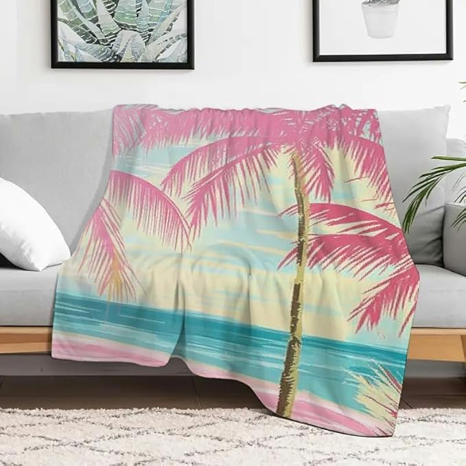 Beach Palm Trees Pink Umbrella Flannel Blanket Warm Cozy Decor Gift for Sofa Bed Camping Travel Chair All Season Multifunctional Gift Blanket 50x60in