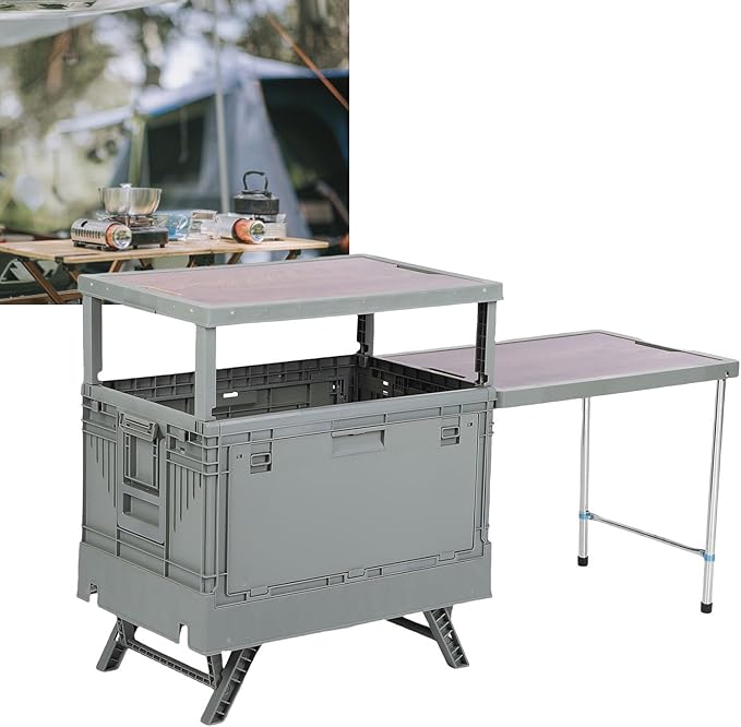 Folding Camping Storage Box with Table Board Multi Functional Collapsible Camp Kitchen Box Suitable for Outdoor Picnic Storage (Dark Green)