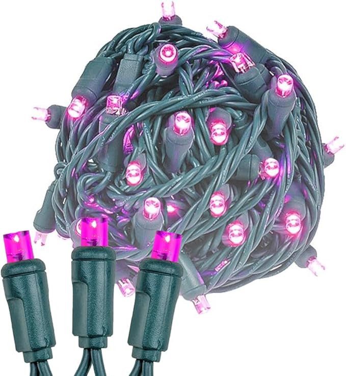 Novelty Lights 25ft 50 LED Pink Christmas Lights Outdoor/Indoor 6 Spacing Green Wire String Lights for Festive Xmas Lighting IP55 UL Listed Dimmable Connectable