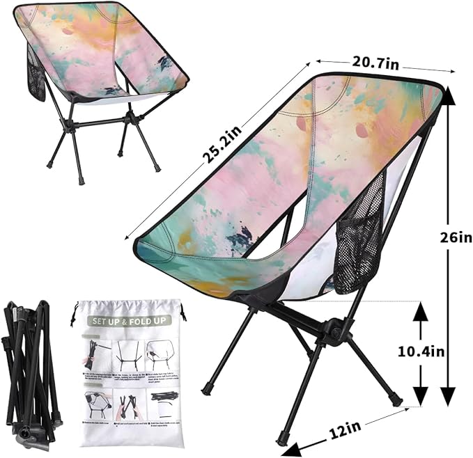 Portable Camping Chair Tie Dyeing Ultralight Folding Camping Chair Pink Watercolor Backpacking Hiking Chair with Cup Holder for Outdoor Travel Beach Picnic Festival Compact Portable 176 lbs Capacity
