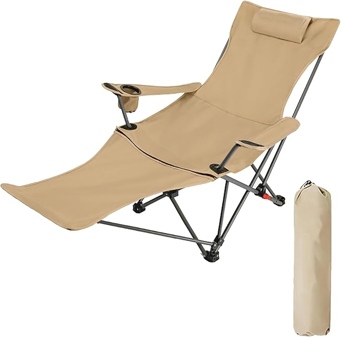 Folding Camping Chair with Armrests Portable Outdoor Lawn Chair with Detachable Headrest Lightweight Fishing Chair for Picnic Beach Lawn Balcony(Khakiwith Footstool)