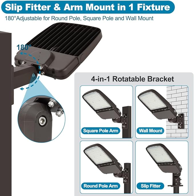 240W LED Parking Lot Light with Photocell Commercial Outdoor Pole Lights with Slip Fitter &amp Arm Mount in 1 36000LM 5000K 100-277V IP65 Dimmable 240W/200W/150W Power Selectable ETL