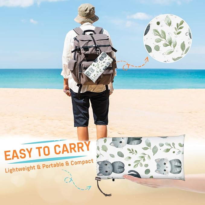 Waterproof Sandproof Beach Blanket 59''×68'' Leafy Cat Polyester Outdoor Picnic Blanket with 4 Stakes &amp Storage Bag for BeachCampingVacation White