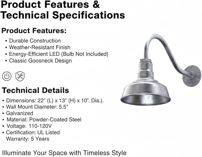 AGB101-10-AS8 GALVENIZE - Standard Barn Light with Gooseneck Arm | Outdoor LED Lights Classic Floodlight Design for Barn Lights Outdoor Durable Metal Construction Energy-Efficient