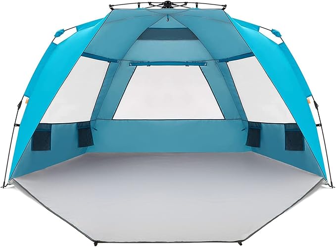 Easthills Outdoors Instant Shader Enhanced Deluxe XL Beach Tent Easy Set Up 4-6 Person Popup Sun Shelter 99 Wide for Family UPF 50+ Double Silver Coating with Extended Zippered Floor Pacific Blue