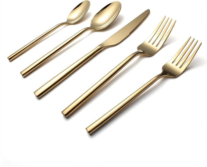 Gold Silverware Set 20-Piece Flatware Cutlery Set Service for 4 Heavy Duty Titanium Coating Modern Design 18/0 Stainless Steel Utensils Dishwasher Safe