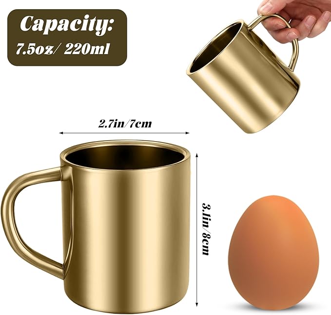 Cunhill 4 Set Small Stainless Steel Coffee Mug 7.5oz/220ml Double Walled Cups Camping Mug with Handle Metal Dishwasher Safe Tea Cups for Home Travel Camping Outdoors Rv Keep Drinks Hot (Gold)