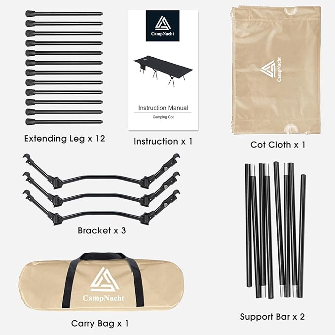 CAMPNACHT Ultralight Camping Cot with Leg Extenders Aluminum Lightweight Folding Cot for Adults Portable Backpacking Compact Tent Cot for Outdoor Hiking 1 Pack with 2 Use Modes Khaki