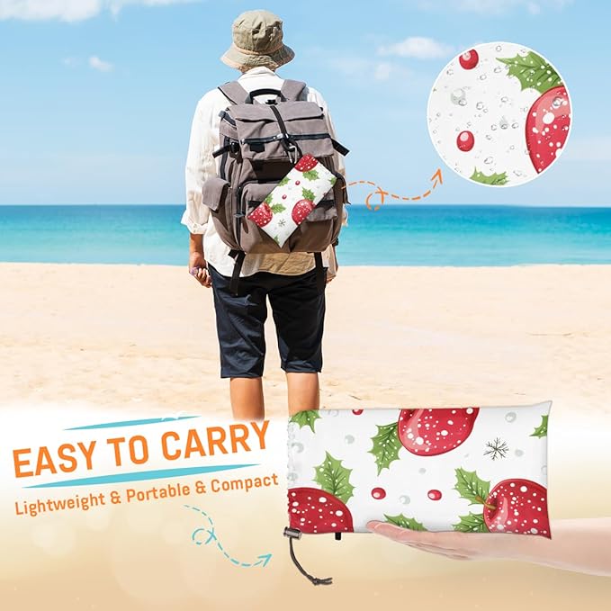 Waterproof Sandproof Beach Blanket 59''×68'' Holiday Apple Polyester Outdoor Picnic Blanket with 4 Stakes &amp Storage Bag for BeachCampingVacation White