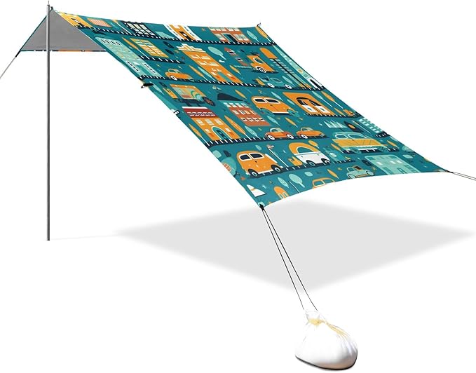 Camping Sun Shelters Cartoon Vehicles and Buildings Beach Canopy 126 * 110.2in