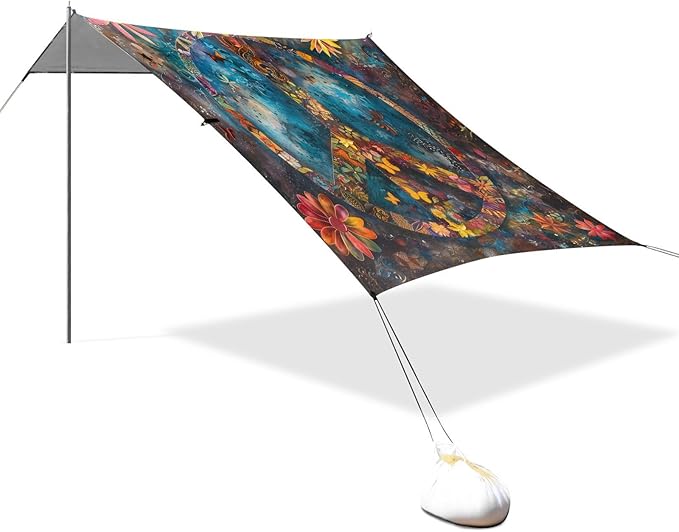 ALAZA Colorful Peace Sign Flower Beach Tent Sun Shelter UPF50+ Protection Beach Shade Canopy w/ 4 Sandbags for Outdoor Camping Fishing Backyard Fun Picnic 10x9 ft