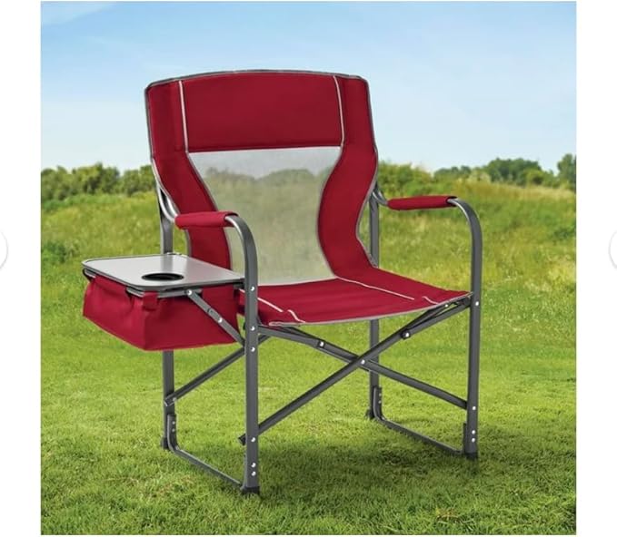 Folding Director's Chair with Side Table and Cooler Heavy-Duty Camping Chair 33.73W x 37.3H inches (Red Sport)
