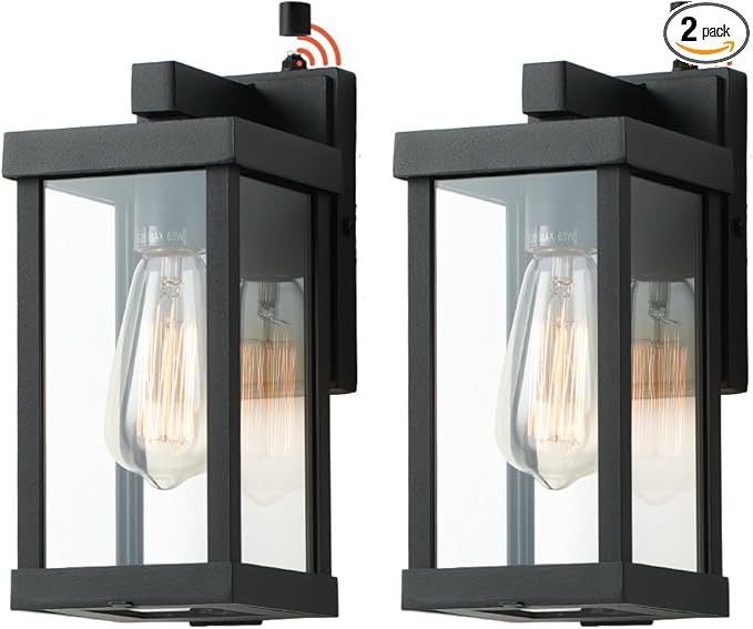 mirrea 11 Dusk to Dawn Classic Outdoor Wall Sconce 1 Light in Matte Black Rectangular Metal Frame and Clear Glass Shade Waterproof Porch Light Patio Light Pack of 2