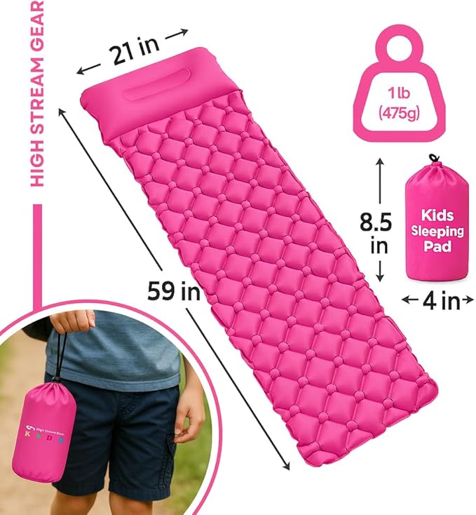 Kids Sleeping Pad for Camping and Sleepovers with Pillow Inflatable Camping Mattress for Backpacking &amp Travel Thick Toddler Cot Mat Fast Inflating Camping Sleeping Pads for Kids