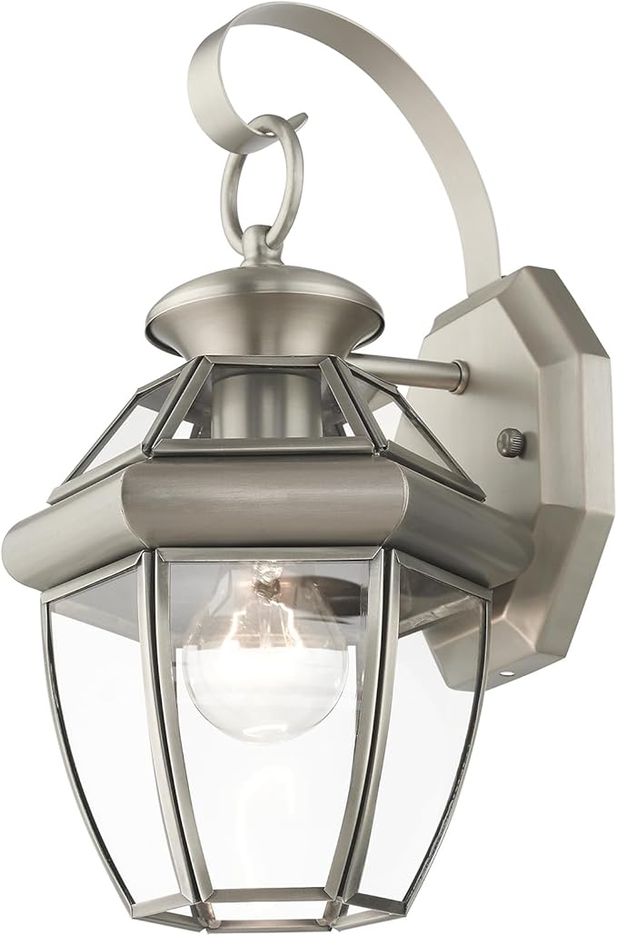 Livex Lighting 2051-91 Monterey 1 Light Outdoor Brushed Nickel Finish Solid Brass Wall Lantern with Clear Beveled Glass