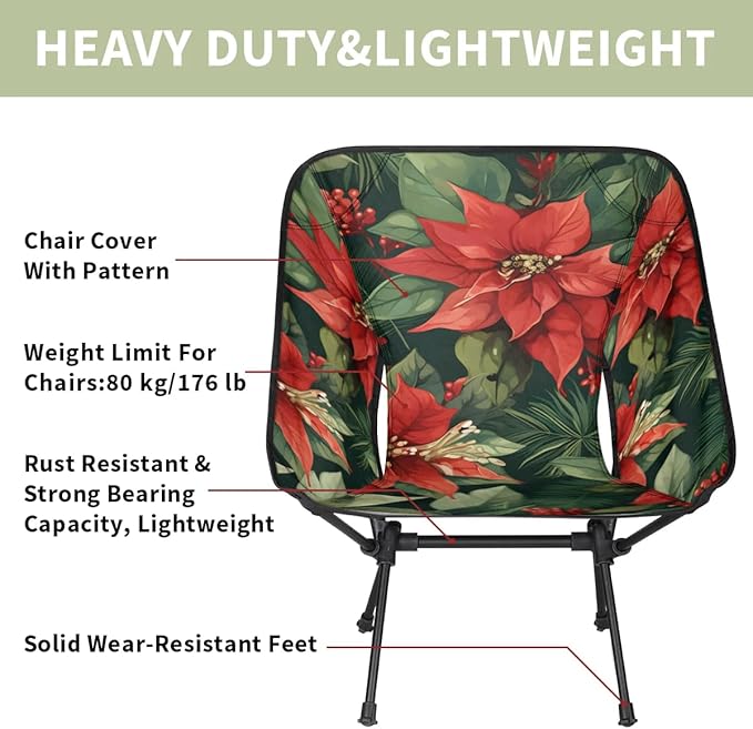 Portable Camping Chair Holly Berry Flowers Ultralight Folding Camping Chair Christmas Flowers Backpacking Hiking Chair with Cup Holder for Outdoor Travel Beach Picnic Festival 176 lbs Capacity