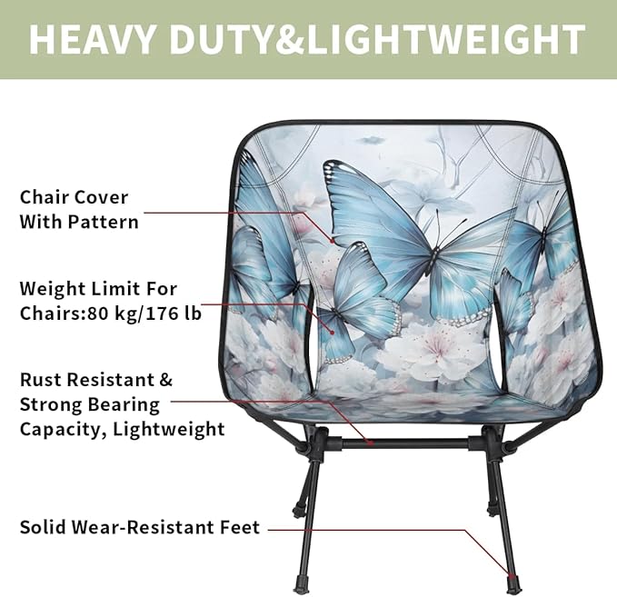 Portable Camping Chair Flowers Butterfly Ultralight Folding Camping Chair Abstract Butterfly Backpacking Hiking Chair with Cup Holder for Outdoor Travel Beach Picnic Festival 176 lbs Capacity