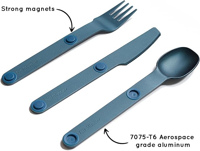 FULL WINDSOR - MAGWARE Magnetic Camping Cutlery Set - Travel Utensils for Camping Cooking and Outdoor Dining - Knife Fork &amp Spoon - Portable Silverware with Pouch - Blue (3 PCS)