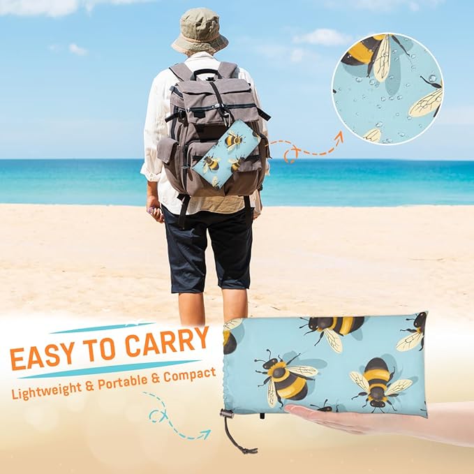 Waterproof Sandproof Beach Blanket 59''×68'' Animals Bees Polyester Outdoor Picnic Blanket with 4 Stakes &amp Storage Bag for BeachCampingVacation Lake Blue