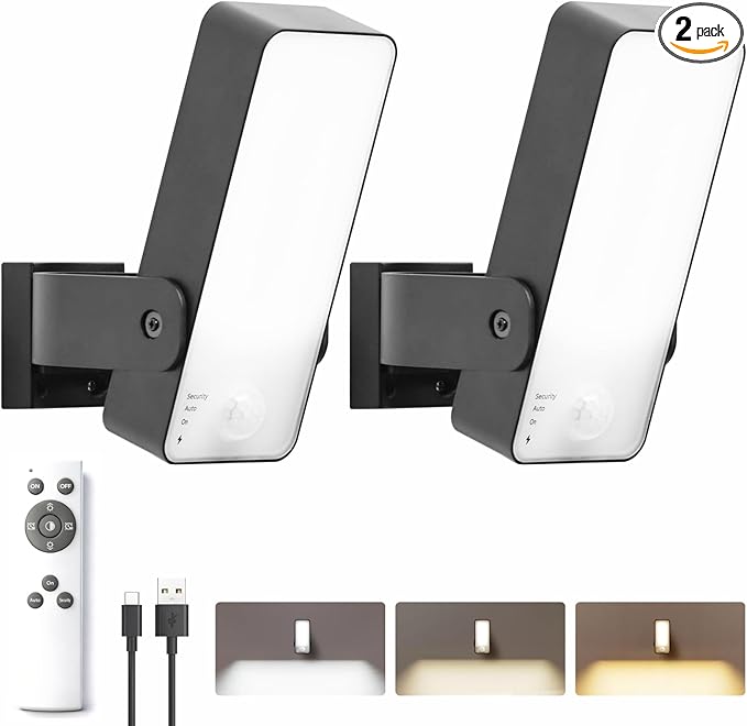 Battery Motion Sensor Light Outdoor 600LM High Brightness Wall Light with Remote &amp Type-C 10000mAh 120-Day Battery 3 Modes &amp Red Alert IP65 Waterproof for Porch Garage Yard (Black 2 Pack)