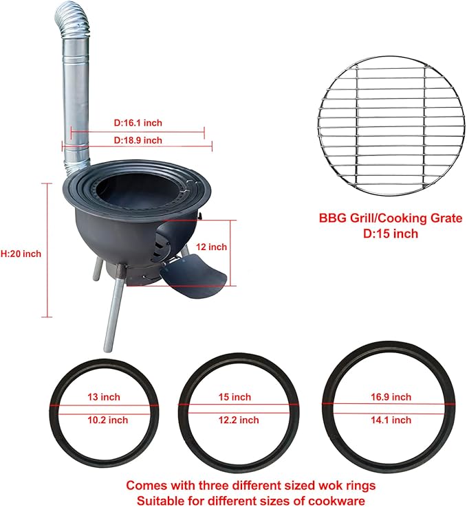 Multifunction Wood Burning Stove with Grill RackLarge Portable Charcoal GrillCamping Rocket Stove for Outdoor/Backyard CookingChinese Wood StoveOff Grid Living Supplies