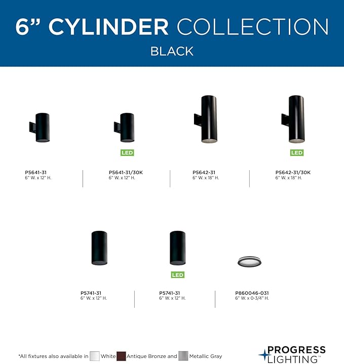 Progress Lighting 6-in Cylinder Outdoor Ceiling Light 1-Light Modern Flush Mount Interior and Exterior Home or Porch Aluminum 6 W x 12. H Black P5741-31