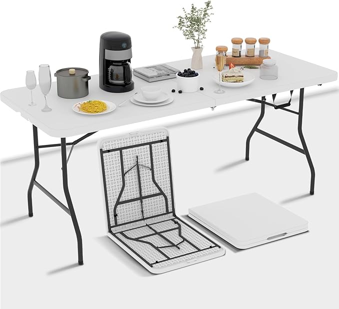 6ft Folding Table - Heavy Duty Portable 6 Foot Plastic Table with Fold-in-Half Design &amp Carry Handle Indoor Outdoor Utility Table for Dining Camping Parties Picnics Tailgating (6FT White)