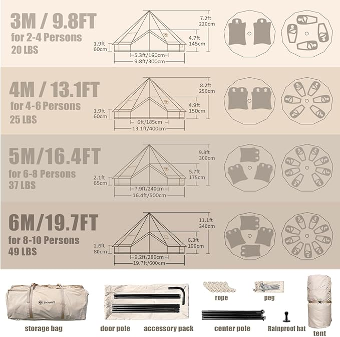 Bell Yurt Tent Waterproof Luxury 4 Season Hot Tent with Stove Jack/Air Conditioner Vents/2 Skylight for Family Outdoor Camping Oxford Glamping Tents for All Year Living