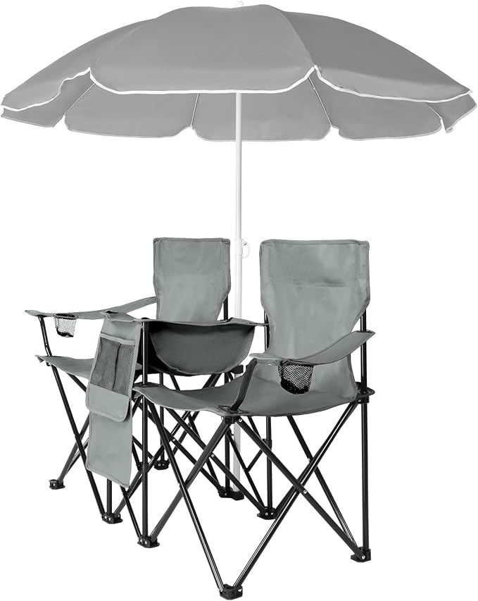 Portable 2-Seat Folding Chair with Removable Sun Umbrella Outdoor Lounge Chair for Fishing Camping Beach Grey
