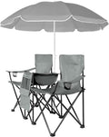 Portable 2-Seat Folding Chair with Removable Sun Umbrella Outdoor Lounge Chair for Fishing Camping Beach Grey