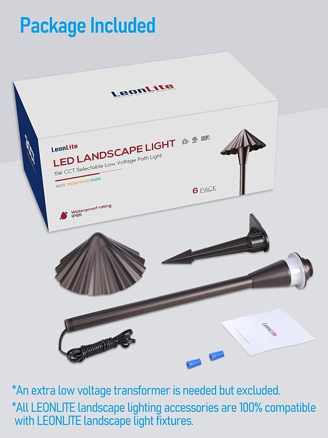 LEONLITE 3CCT Low Voltage Pathway Lights LED Landscape Path Lights 3000K/4000K/5000K Ruffles Head 12-24V AC/DC IP65 Outdoor Walkway Light Oil Rubbed Bronze Aluminum Pack of 6