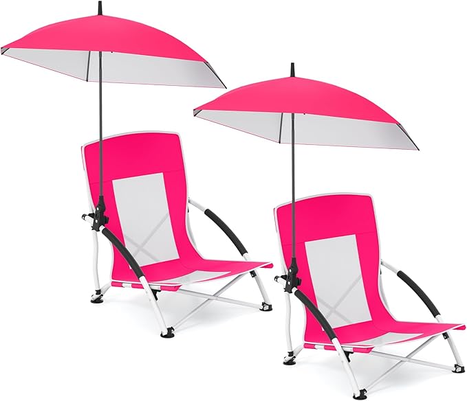 Giantex 2-Pack Low Folding Beach Chair with Detachable &amp Adjustable Umbrella Carrying Bag Padded Armrests Mesh High Back Load 330 LBS Anti-Slip Foot Pads Camping Chair for Picnic Lawn Pink