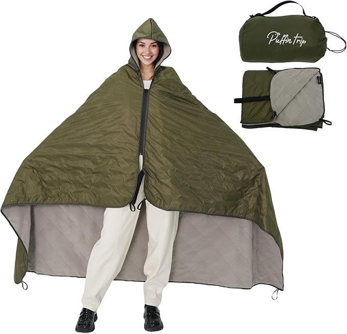Wearable Warm Camping Blanket Waterproof Windproof Quilted Fleece Stadium Outdoor Blanket with Portable Bag for Cold Weather Picnic Sports Pet Beach Travel Car 79x55 inches Olive Green with Hat