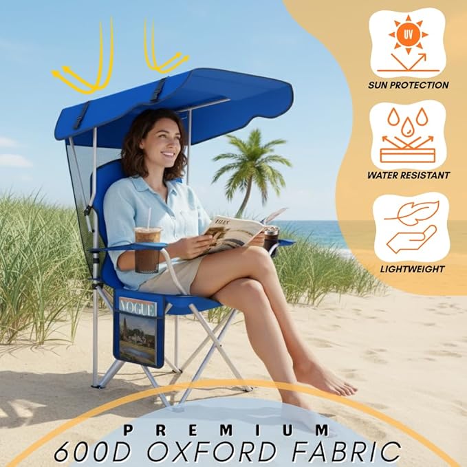 Portable Folding Camping Chairs with Canopy Shade Beach Chair for Adults Durable Weather Resistant 600D Oxford Cloth Camping Chair with Canopy for Outdoors [Blue]