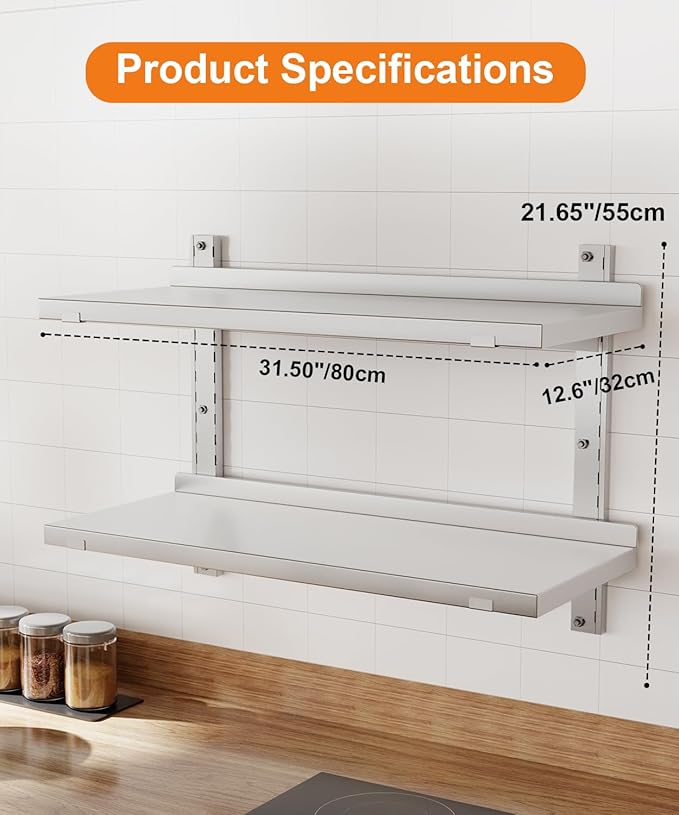 Stainless Steel Shelf 31.5 x 12.6 Commercial Floating Wall Shelf with Brackets 110Lbs Capacity Adjustable Double-Layer Metal Heavy Duty Storage Rack for Restaurant Kitchen Bar Home Hotel
